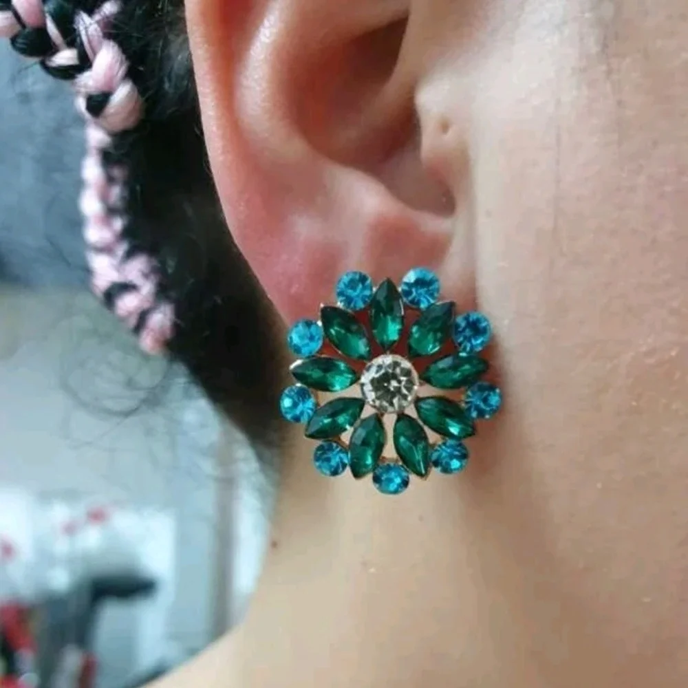 Green Turquoise Rhinestone Cluster Flower Statement Stud Earrings formal prom 💖